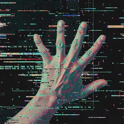 Glitch art illustration, hand reaching through screen glitches , digital corrupt