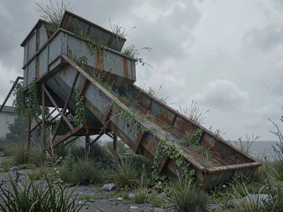 Conveyor belt loading hopper exterior choked with grasses, the chute lip rimmed 