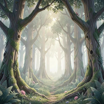 Neural network style illustration, forest with living trees , diffusion model ae