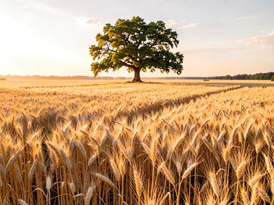 Golden field with single tree island