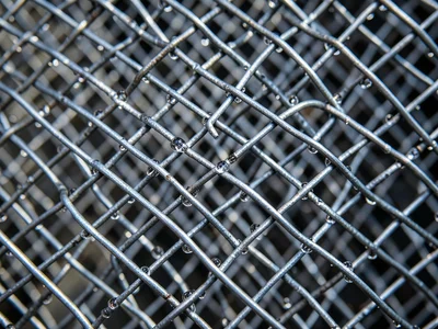 Metal mesh with condensation droplets, water beading at wire intersections, each