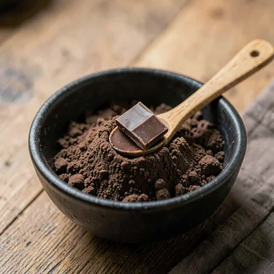 Small dark stoneware bowl of dark malted-milk powder with a small wooden spoon a