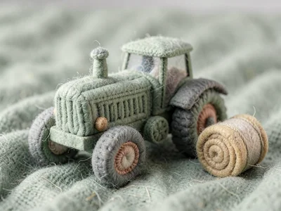 Tractor in felted wool with rolling knit wheels parked on a sage cotton field be