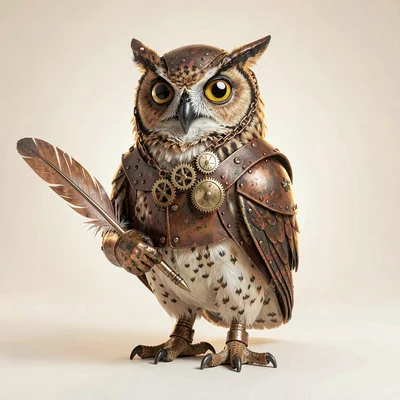 Painterly storybook portrait of a serious cartographer-owl with a quill
