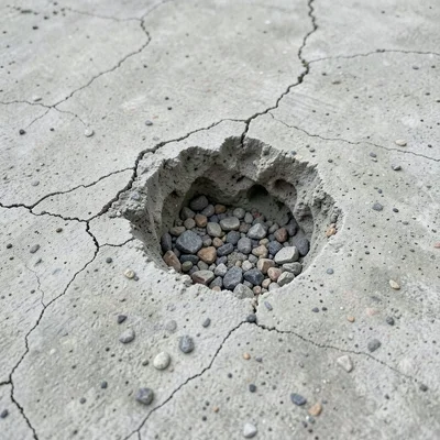 Concrete honeycomb void, area where concrete didn't fully fill formwork, exposed