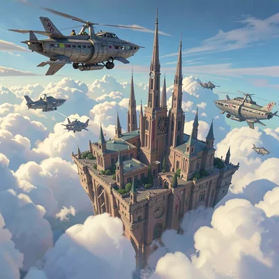 Video game concept art illustration, a floating city in clouds, airship traffic 