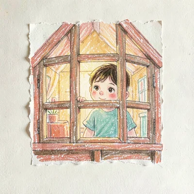 Vertical of a child peering into a dollhouse window, eyes lit by warm interior g