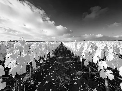 Rolling vineyard rows — leaves luminous white, dark soil between, pale clouded s