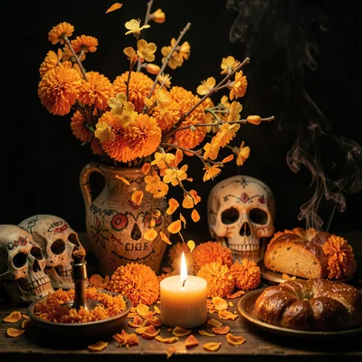 Marigold cempasúchil flowers glowing in candlelight