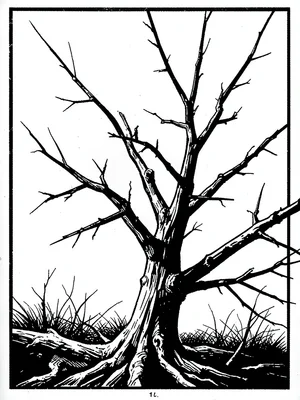 Bare winter tree against white sky, branches as angular torn marks