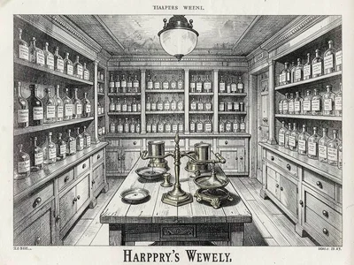 Victorian apothecary shop interior