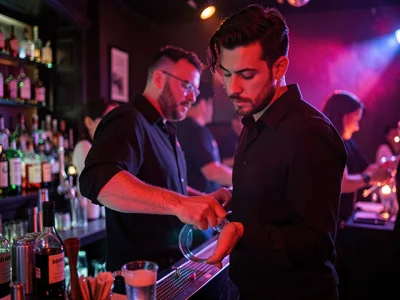 Bartender mixing in colored light