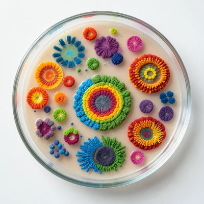Agar plate with spring-colored microbial growth, concentric colonies
