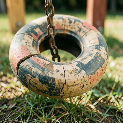 A tire swing, the rubber cracked and faded, the chain connection worn into a gro