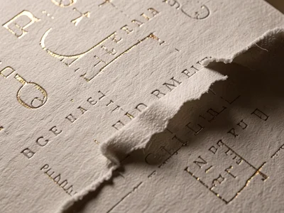 Edge detail of letterpress printed and die-cut cotton paper, impression depth vi