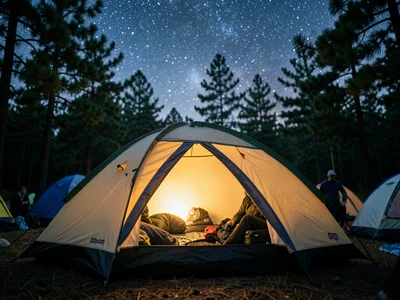 Tent glowing from inside at campsite, starry sky above, pine trees