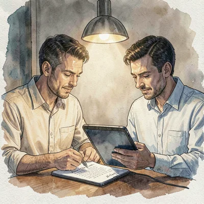 Portrait of two producers comparing chapter notes on a tablet, lamp pooled overh