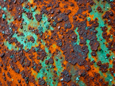 Weathering steel (Corten) surface, protective rust layer in deep warm brown-oran