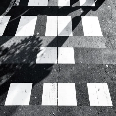 Crosswalk stripes and shadows forming piano keys pattern, overhead view