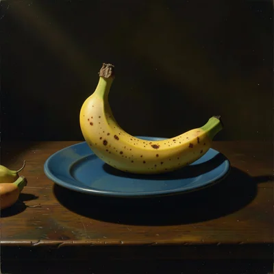 A single banana at peak ripeness placed on a blue ceramic plate on a dark wooden