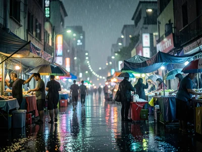 A night market closing in the rain, vendors pulling tarps over their stalls, pud