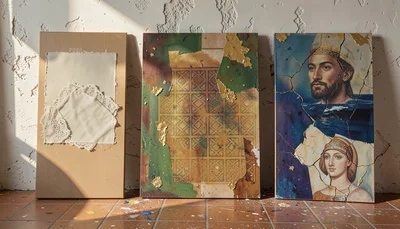 Layered mixed-media painting on wooden panel, Mediterranean studio light, earth 