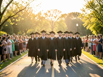 Procession of graduates walking across quad, families watching, spring day