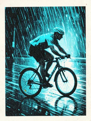 A cyclist riding through rain in fluorescent blue and black, motion blur from mi