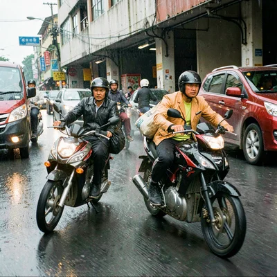 High-energy street photograph, Two okada motorcycles weaving through standstill 
