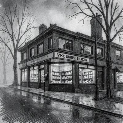 Editorial charcoal sketch of a VHS-shop facade across a misty street at dusk, de
