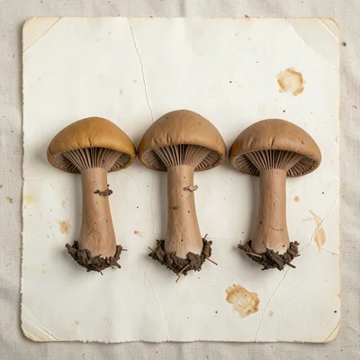 Three mushroom caps arranged in a perfect row with gills exposed beneath each on