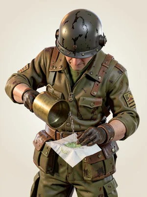The medic pours water from a brass canteen onto a square of gauze, head bowed be