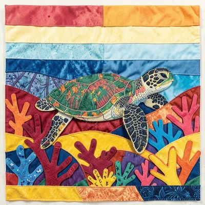Panamanian mola textile illustration, a sea turtle swimming through coral layers