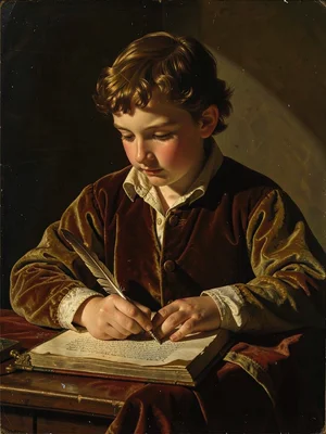 Young scholar writing with a quill, one taper casting shadow of his hand across 