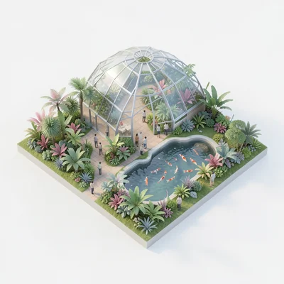 A botanical garden conservatory: glass dome, tropical plants, paths, a pond with