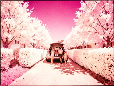 A family loading a car for vacation in a driveway flanked by white hedges