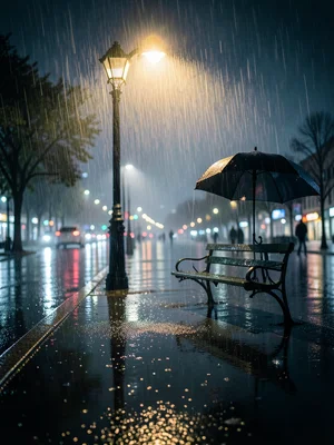 A wet park bench under a streetlight, the rain visible as silver streaks in the 