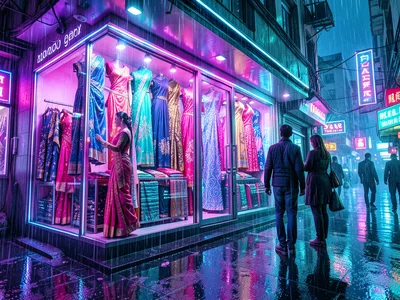 Sari shop with fabrics that glow and shift patterns digitally, customer browsing