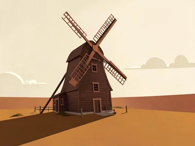 Wooden farm windmill rises from an ochre plain under a cream evening sky, low-an
