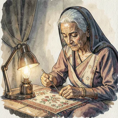A patient elder Indian embroidery teacher in her seventies guiding a child's nee