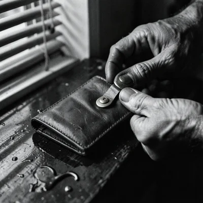 Leatherworker's hands riveting a snap closure onto a wallet, brass hardware
