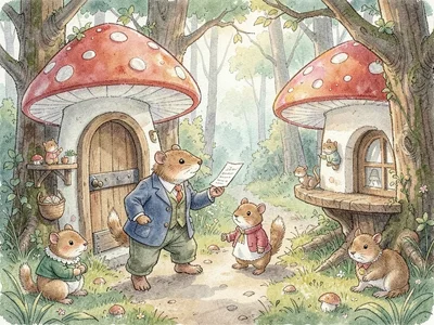 Vole postman delivering to mushrooms
