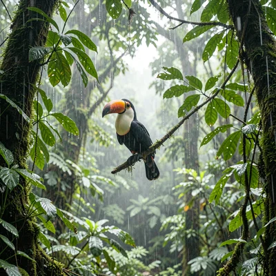 Monteverde cloud forest, filtered canopy light, Toucan visible through dripping 
