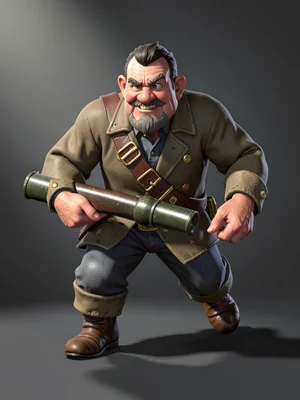 Mid-stride dwarven musketeer in oilskin coat with brass-bandolier, hand-cannon b