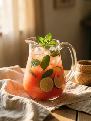Watermelon agua fresca in glass pitcher with mint, ice, lime