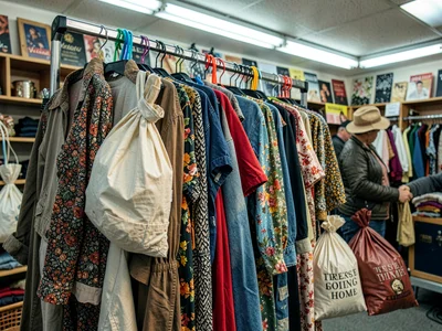 Checkout with finds, clothes being bagged, treasure going home