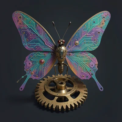 Steampunk mechanical butterfly with circuit board wings, perched on brass gear