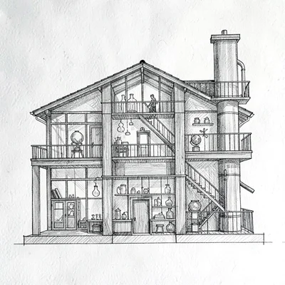 section view of a multi-level science center, schematic