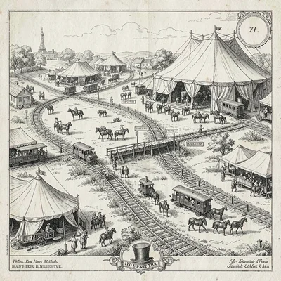 A 19th-century circus-tour railway route with town stops, big-top set-up grounds