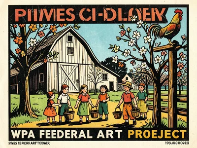 A bold linocut of a spring farm scene — a barn, flowering orchard, children with